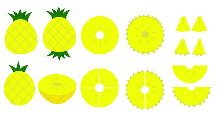 The cute set of pineapple or ananas with leaves in cartoon silhouette and flat design. Decoration set of fruits in parts, slices and core for summer. Vector illustration isolated on white background.