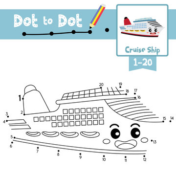 Dot to dot educational game and Coloring book Cruise Ship cartoon character perspective view vector illustration