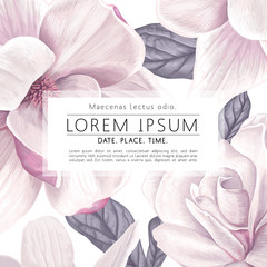 Greeting card template with realistic floral elements of white magnolia flowers and leaves. Can be used as discount banner, wedding or party invitation. Floral background with vector spring flowers. © MPetrovska