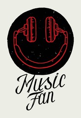 Headphones smiley face music person vector illustration. Music fan t-shirt print.