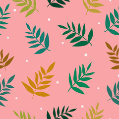 Light and dark green, orange and brown branches with leaves on pink background with white dots, Seamless tropic summer pattern. Suitable for packaging, textile.