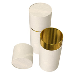 Kraft paper cardboard tube package with gold part mock up. 3d render isolated on white background.