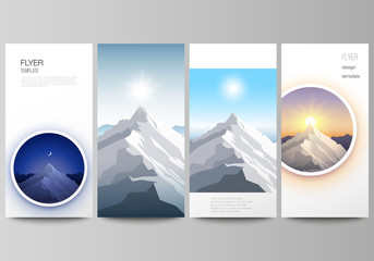 The minimalistic vector illustration of the editable layout of flyer, banner design templates. Mountain illustration, outdoor adventure. Travel concept background. Flat design vector.