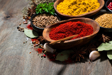 assortment of spices and herbs on a wooden table