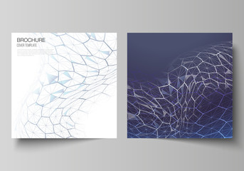 Vector layout of two square format covers design templates for brochure, flyer. Digital technology and big data concept with hexagons, connecting dots and lines, polygonal science medical background.