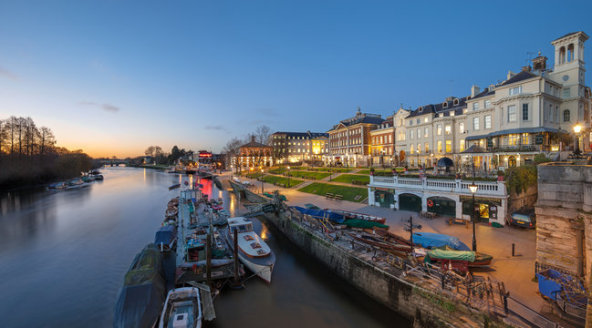 Richmond riverside in London, empty at blue hour