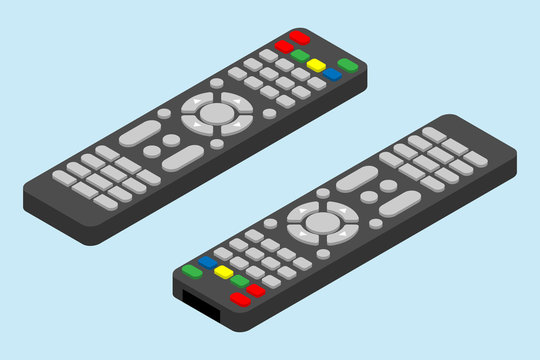 Modern television remote control icon. Isometric angle of tv remote control vector icon for web design isolated on light-blue background.