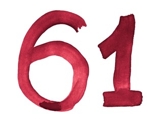 Watercolor numbers, hand-drawn by brush. Burgundy vintage symbol. Template for greetings, design, postcards, decoration.