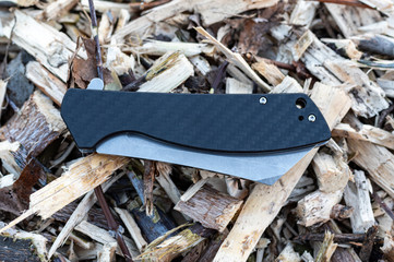 Pocket knife in the folded position. Knife with a black handle.