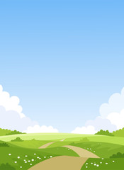 Card with a simple landscape, green meadows, blue sky with clouds. Spring natural background. Summer park with a trail. Vector illustration with copy space