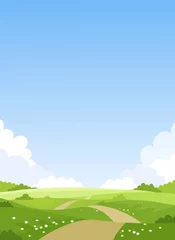  Card with a simple landscape, green meadows, blue sky with clouds. Spring natural background. Summer park with a trail. Vector illustration with copy space © Tanya