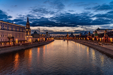 Fototapeta na wymiar Wide angle view of the city of Moscow with Moscow River and Chris the Savior Cathedral at sunset. Travel destination Moscow, Russia