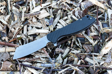 Large pocket knife. Wide blade knife. Top view on a knife.