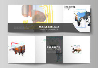 Obraz na płótnie Canvas Vector layout of square format cover templates for trifold brochure, flyer, cover design, book design, brochure cover. Design template in the form of world maps and colored frames, insert your photo.