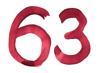Watercolor numbers, hand-drawn by brush. Burgundy vintage symbol. Template for greetings, design, postcards, decoration.