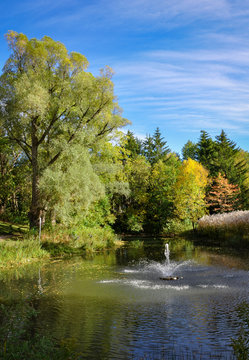 Water fountain  at Toogood Pond Park in Unionville Markham, Ontario, Canada in a beautiful day