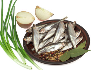 Sprat spicy salting in a plate, onions and green onions on a white background