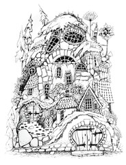 Collection of ink drawing  houses for concept art inspiration. Magic village, fairy houses, fantasy medieval architecture. Conceptual art. 