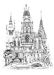 Fototapeta premium Collection of ink drawing houses for concept art inspiration. Magic village, fairy houses, fantasy medieval architecture. Conceptual art. 