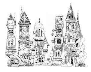 Collection of ink drawing  houses for concept art inspiration. Magic village, fairy houses, fantasy medieval architecture. Conceptual art. 