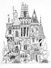 Collection of ink drawing  houses for concept art inspiration. Magic village, fairy houses, fantasy medieval architecture. Conceptual art. 