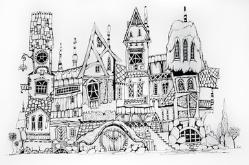 Collection of ink drawing houses for concept art inspiration. Magic village, fairy houses, fantasy medieval architecture. Conceptual art. 