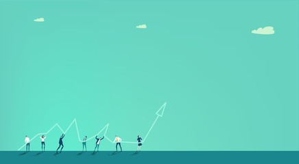 Little people holding arrow up, demonstrating working together concept and sharing the benefit