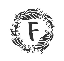 Hand drawn monogram object for design use. Black Vector doodle flower on white background and Capital Letter. Abstract pencil boho drawing twig. Artistic illustration elements plant