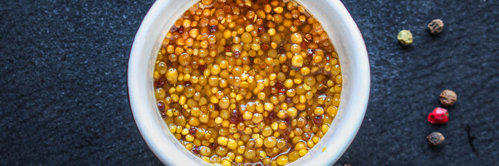 mustard cereal sauce (French or Dijon recipe) menu concept. background. top view. copy space