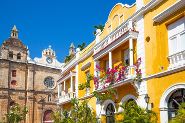 Famous colonial Cartagena Walled City (Cuidad Amurrallada) and its colorful buildings in historic...