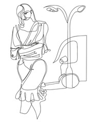 One continuous line drawing of Lonely depressed woman walking on the street. Fashionable depressed woman walking alone at night.