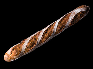 French baguette isolated on a black background with clipping path.