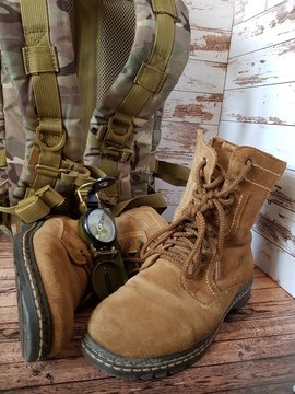 Hiking boots, compass and backpack