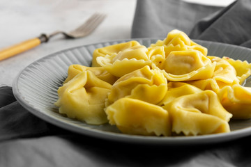 Cooked tortellini on a plate, close up pasta, italian food.
