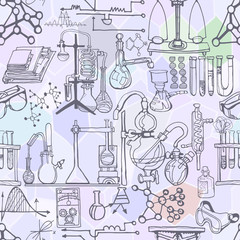 Physics or chemistry abstract illustration with parts of decorative lab tools and diagrams. Hand drawn.