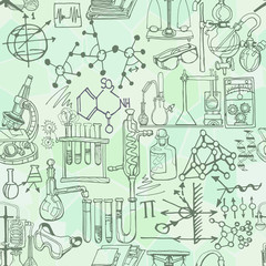 Abstract illustration with sketch elements related to science or education. Physics or chemistry abstract background with parts of decorative lab tools and diagrams. Hand drawn.