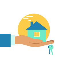 Man's hand holds a house and keys. Real estate and mortgage concept. Vector stock illustration in flat style.