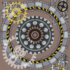 Abstract industrial illustration with fictional gearwheels and details of machines featuring retro technology or steampunk concept. Hand drawn.