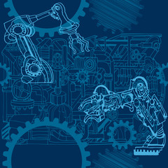 Fantasy technology or factory illustration with decorative robot arm sketch elements. Hand drawn.