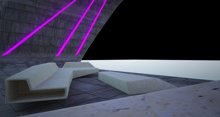 Abstract architectural concrete interior of a modern villa on the sea with colored neon lighting. 3D illustration and rendering.