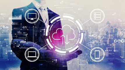 Cloud computing with businessman on a city background