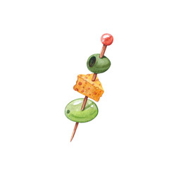olive, cheese and grape snack on skewer