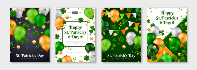 Saint Patrick's Day posters set with clover, gold coins, flying balloons and confetti. Vector illustration. Party Invitation Design, Typographic Template. Eat, Drink and Be Irish. Place for your text