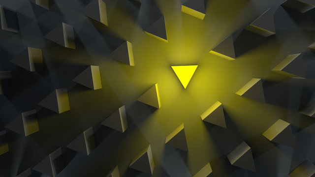 outstanding yellow coalescing prism among gray simple prisms on a dark background. minimal flat lay contept outstanding from a number. 3d render visualization of an idea.