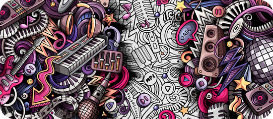 Disco Music hand drawn doodle banner. Cartoon detailed flyer.