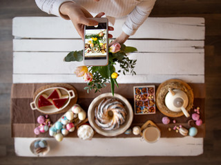 Easter holiday. photo of the table from the phone.