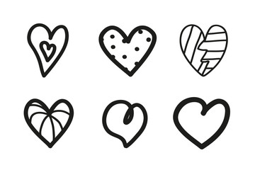 Grunge hearts on isolated white background. Set of unique elements for design. Black and white illustration