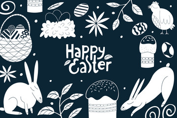 Happy Easter design template. Spring holiday concept vector illustrations. Chicken, rabbit, flowers, cakes and eggs. Can be use for holiday decoration and spring greeting cards.