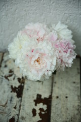 Bouquet of pink peonies on the background of old white boards