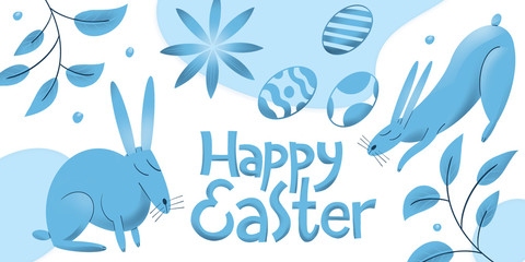 Naklejka premium Happy Easter design template. Spring holiday concept illustrations. Rabbits, eggs and flowers illustrations. Can be use for holiday decoration and spring greeting cards.